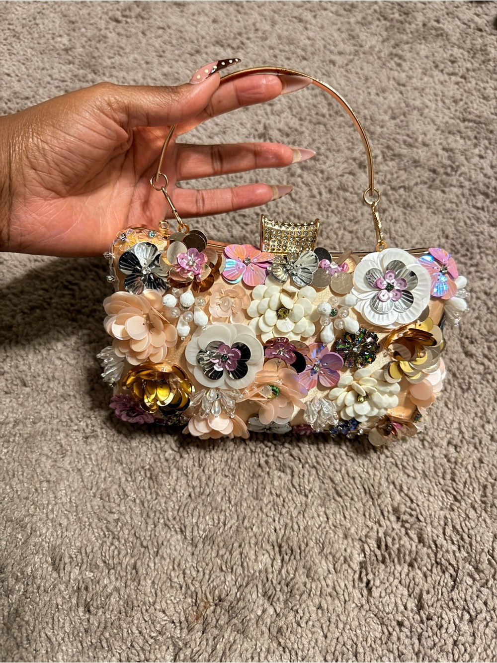 Champagne 3D Floral Sequin Embellished Evening Clutch Bag
